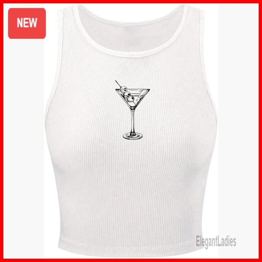 Graphic Ribbed Knit Crop Tank Top Sleeveless Crew Neck Slim Fit